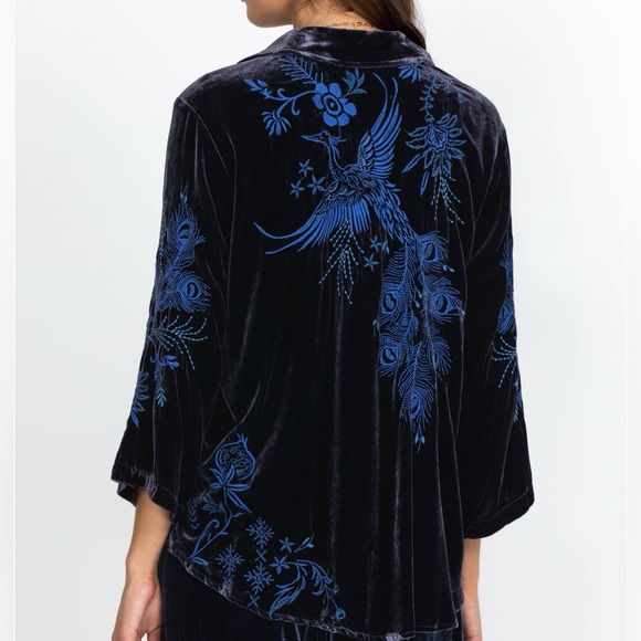 Johnny Was heavily embroidered Azure Velvet Kimono Sleeve Shirt/Jacket NWT - Picture 1 of 12